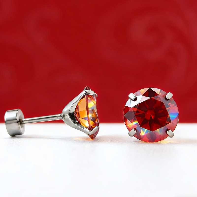 Women's Red Round Moissanite Four-Claw Stud Earrings