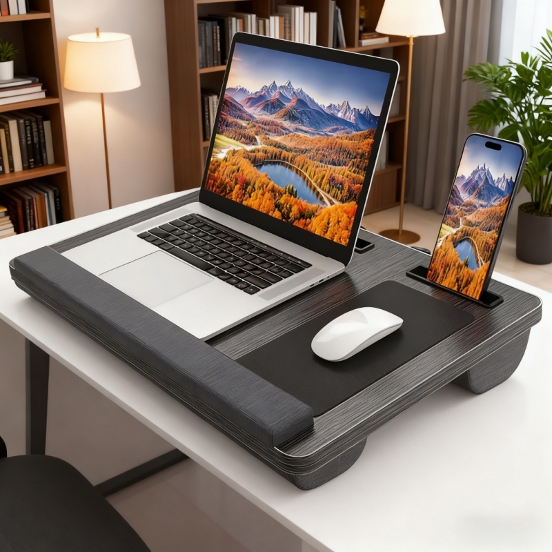 TEMU 1pc Portable Laptop Tray Table, Built- In Wrist Rest And Cushion Base- Including Mouse Pad, Mobile Phone/ Tablet Slot, Convenient Travel Tray