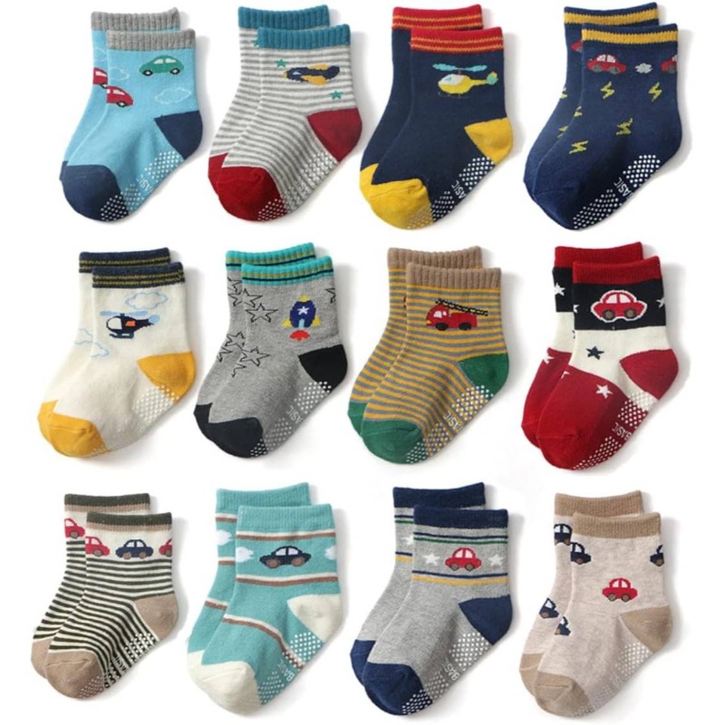 12 Pairs Non Slip Soft Crew Socks | 0-1/1-3/3- Boys Girls Breathable Ankle Socks with Grips, Material, Brick Red Color