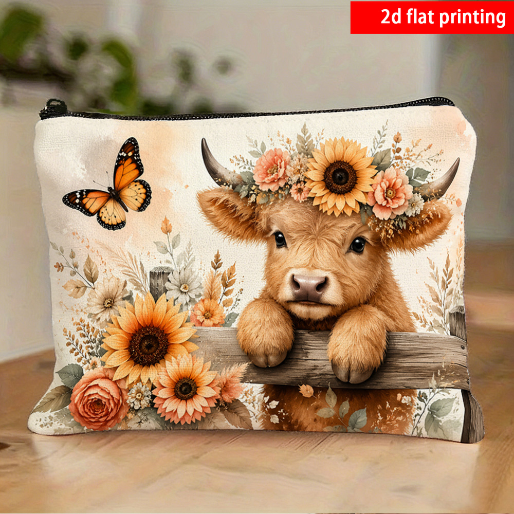 TEMU 2d Flat Printing, Highland Cow-themed Printed Toiletry Bag, Makeup Storage Bag, Featuring Patterns Of Highland Calves, Sunflowers, Flowers, And