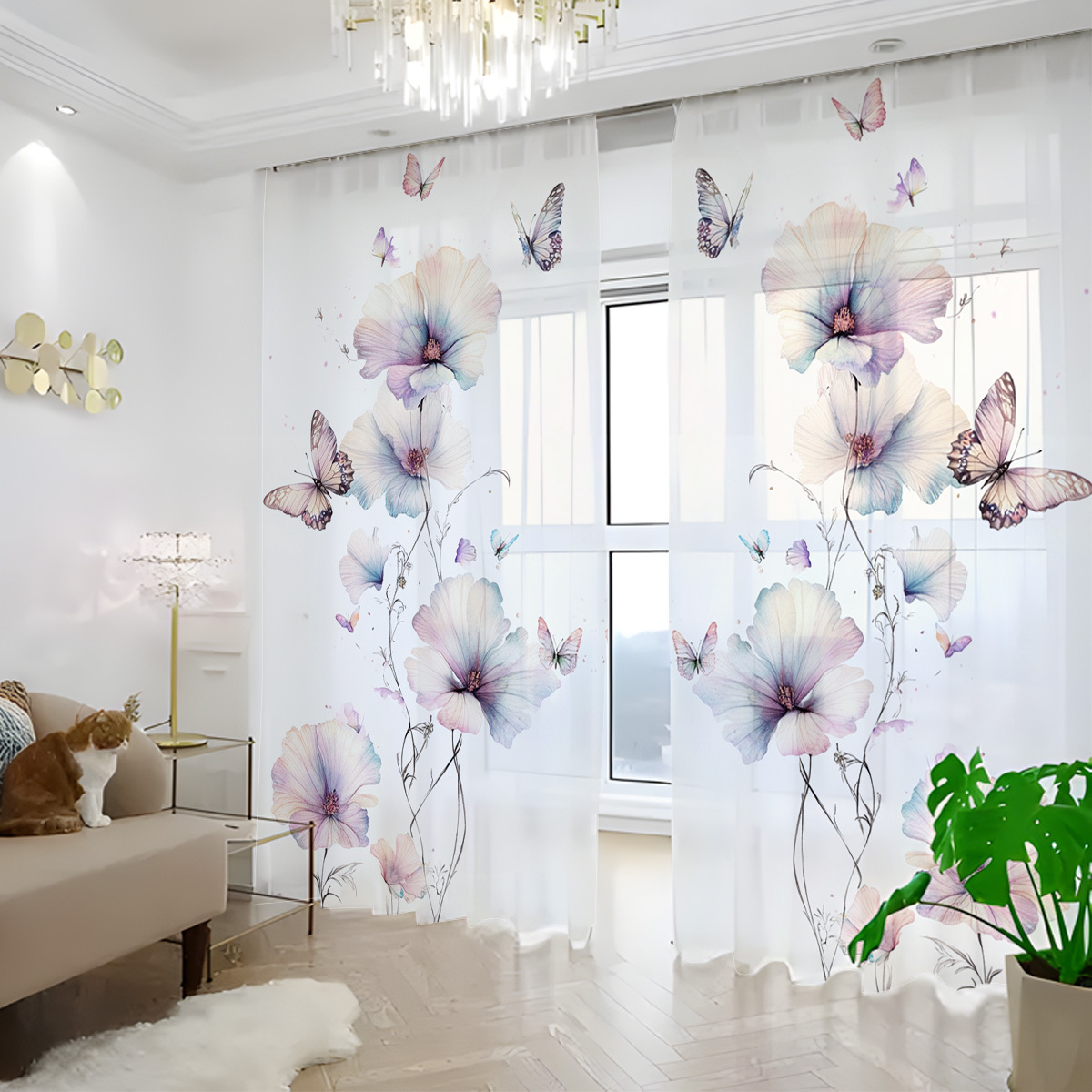 TEMU 2 pièces de Rideaux Décoratifs, Imprimé Papillon et Fleurs en Style Aquarelle Élégant, Semi-Transparent pour Cuisine, Salon, Salle à Manger ou