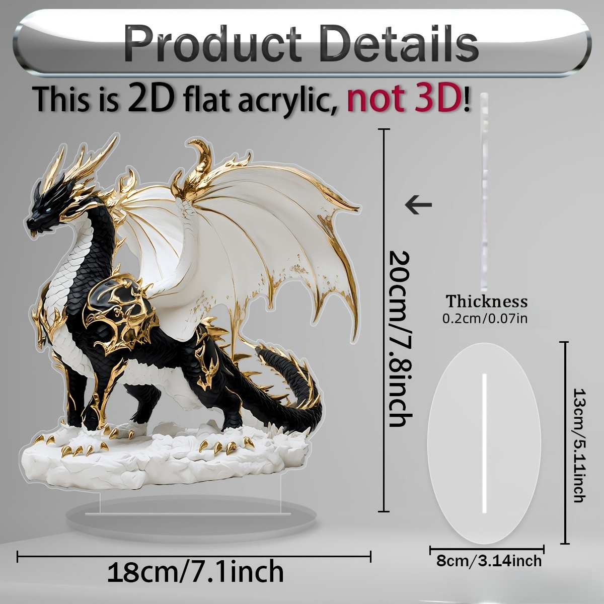 TEMU Statue de Dragon en Acrylique 2D - Design Plat, Couleur - Sculpture de Ptérosaure avec Base Nuage Blanche, 7.1 pouces de Hauteur, Parfait pour