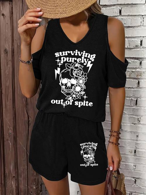 Conjunto de Piezas con Estampado , Camiseta de Manga Corta y Pantalones Cortos, Ropa de Mujer