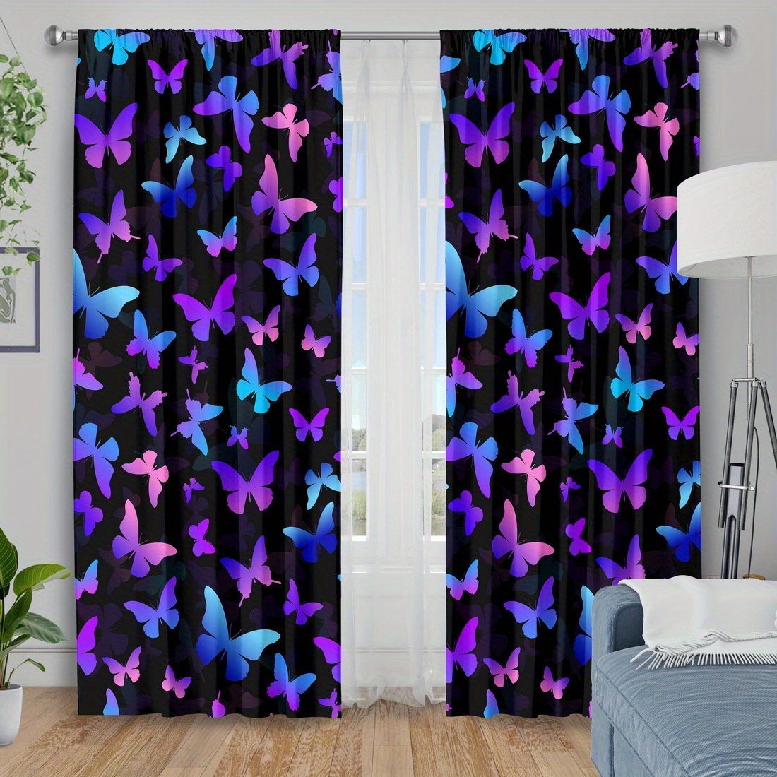 TEMU 2pcs Curtain Fabrics, Animals, Butterflies Printing Window Products, Insulation Blackout Curtains For Bedroom, Polyester Machine Washable,