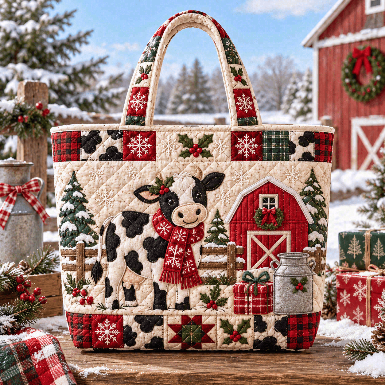TEMU Women's Farmhouse Christmas Cow, Red Barn And Snowflakes Print Quilted Tote Bag, Country Shoulder Handbag, Lightweight Large Capacity Reusable