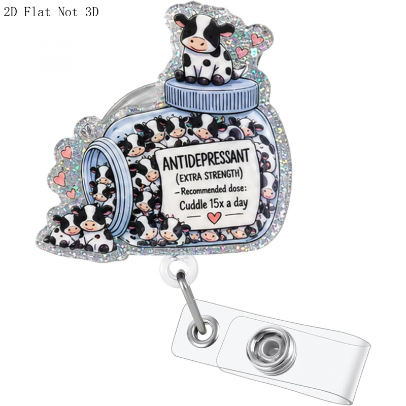 TEMU [2d] Funny Antidepressant Cow Badge Reel, Heart Nurse Badge Holder With Retractable Clip Cute Nursing Name Tag Badge Buddy For Rn Cna Lpn Ma