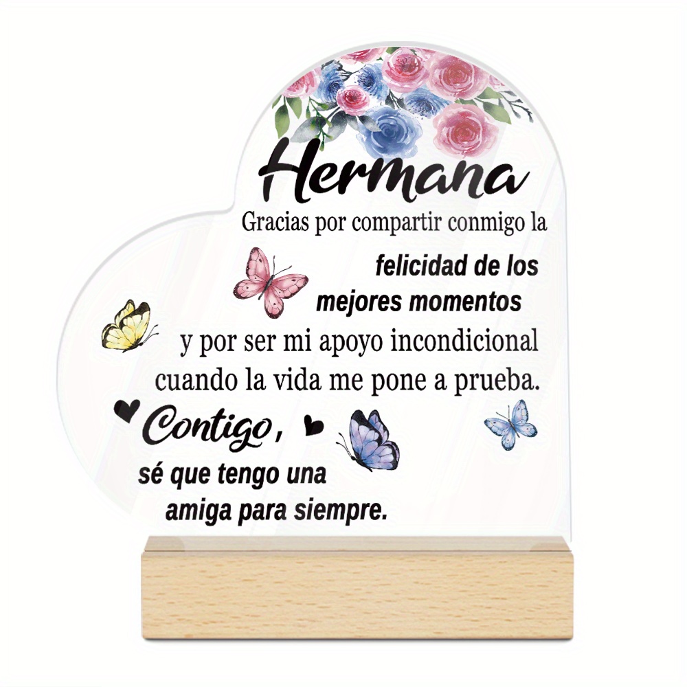 TEMU de mesa decorativo 2D Putuo con forma de español acrílico y base de madera - Letrero de mesa de agradecimiento "Hermana", no requiere