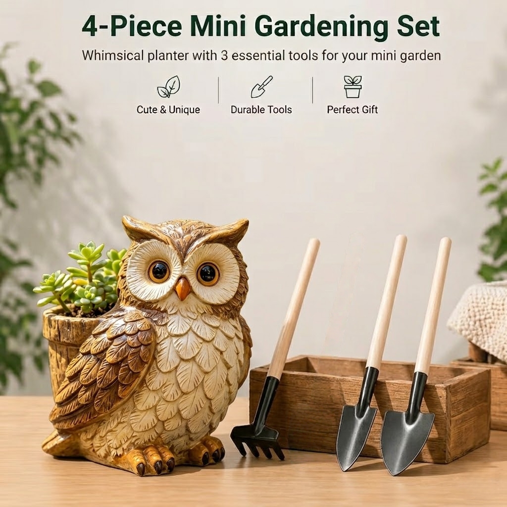Image of Cute Owl-shaped Resin Flower Pot With 3pcs Mini Gardening Set Suitable For, /outdoor Rustic Planter With Mini Trowel, Watering Can Compatible For, Cactus, Pottery For Decor