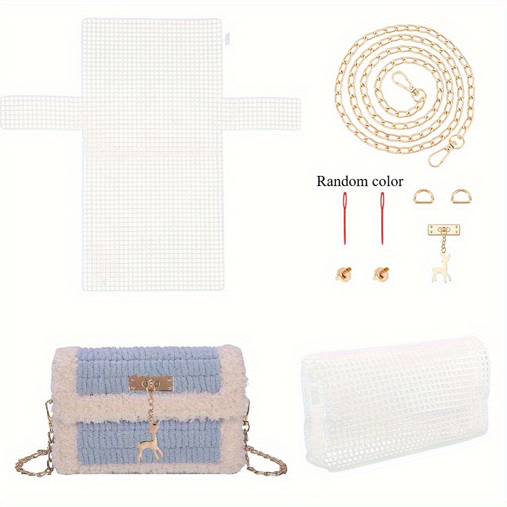 TEMU 1set Diy Crochet Bag Making Kits Including Plastic Mesh Canvas Sheets Needles Alloy Clasp And Crossbody Chain Light Golden, Diy Wallet