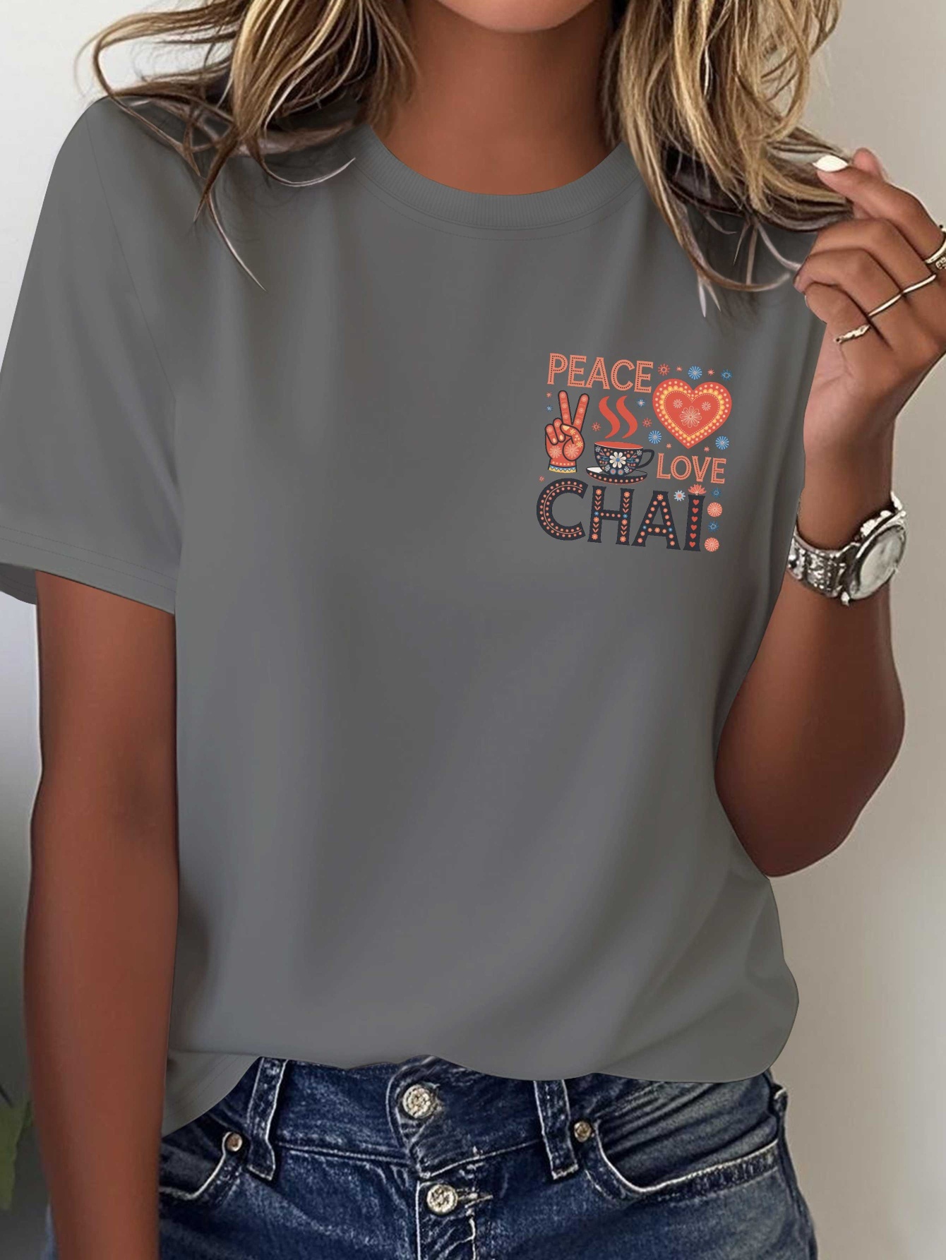 women's pure indian inspired t shirt peace love chai slogan & chai tea masala print, casual short sleeve round neck top with turmeric latte design, machine washable all season fit