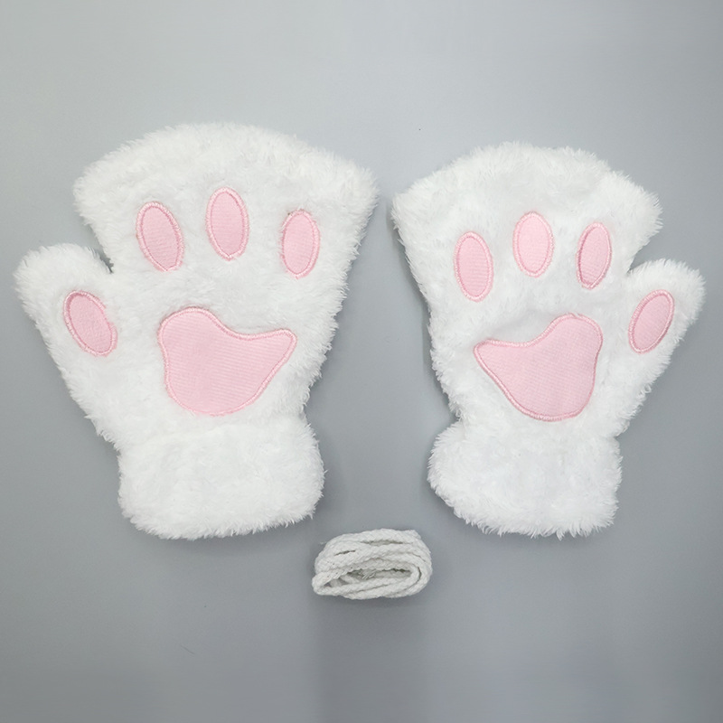 TEMU 1 Pair Cute Cat Paw Half-finger Plush Gloves, Autumn Winter Fleece Thick Warm, Embroidered Paw Print Fingerless Design With Anti-loss Lanyard,