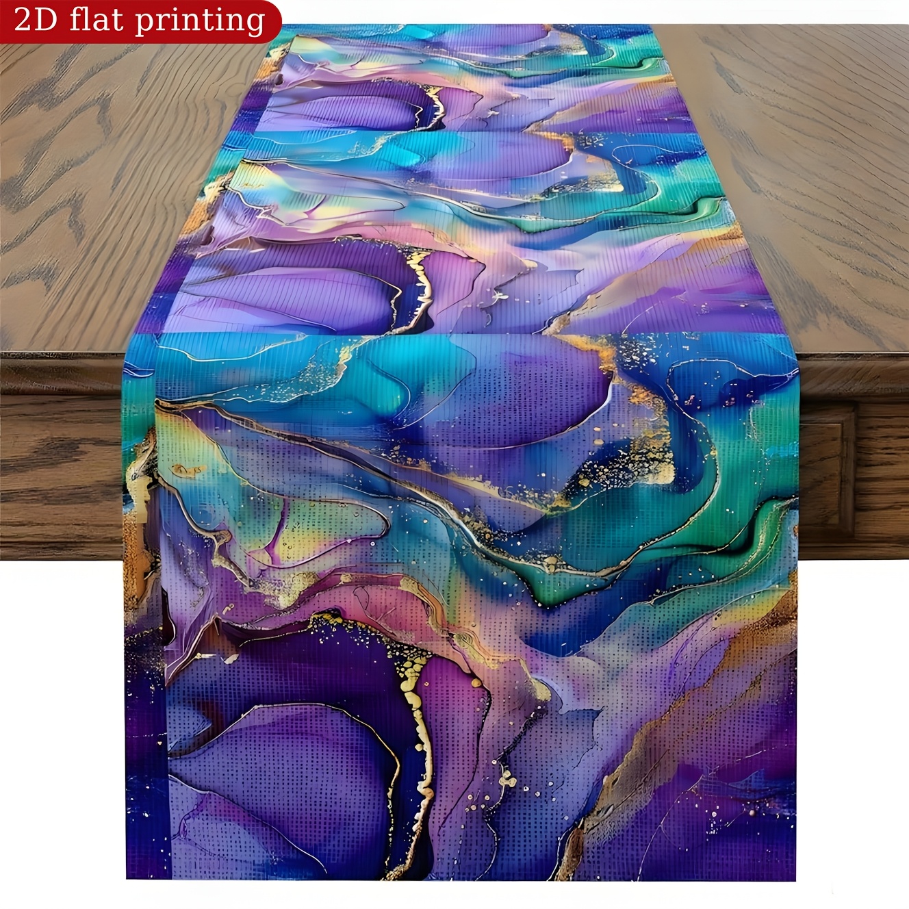 TEMU 1pc Abstract Fluid Lava Marble Table Runner With Golden Glitter Accents - Turquoise Purple Polyester Polyurethane Rectangular Kitchen Dining