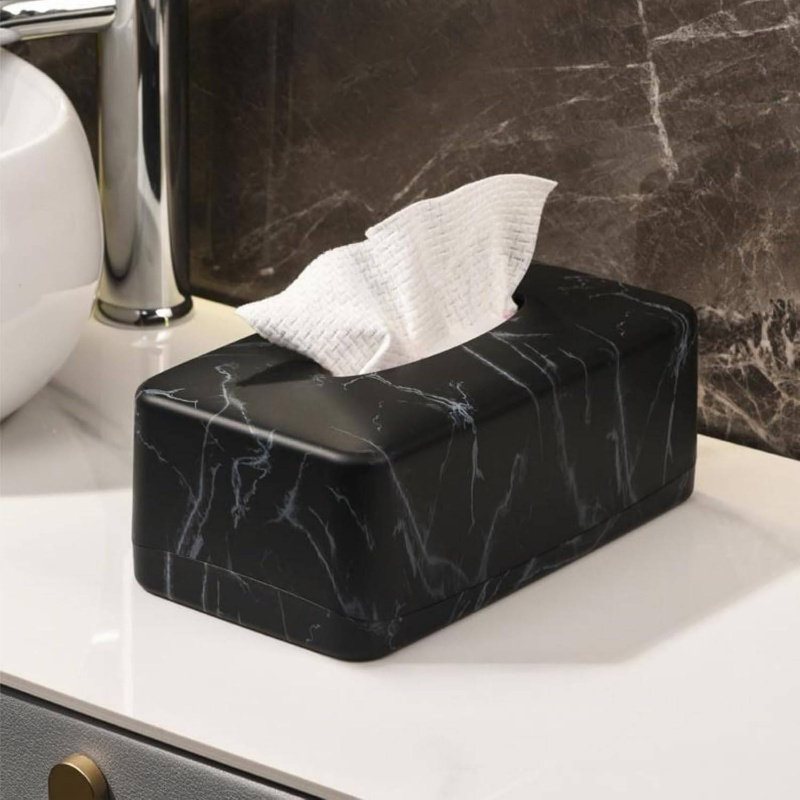 1pc black marble tissue box holder & napkin dispenser with golden   - modern rectangular   top, glossy   marble design, space-saving organizer for bathroom, bedroom, kitchen, or restaurant - durable & easy- , crystal material-like texture (no lead/crystal) - elegant marble countertop dispenser box with   & sturdy base for tissues or napkins Product details 5