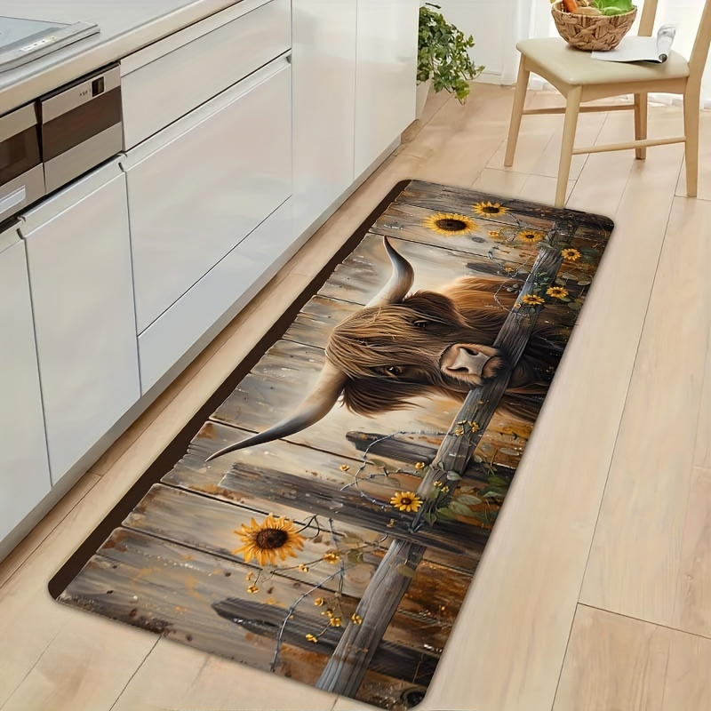 highland cow sunflower kitchen rug set non slip machine washable polyester mats for laundry bathroom living room bedroom easy   decor floor pads with rustic animal design