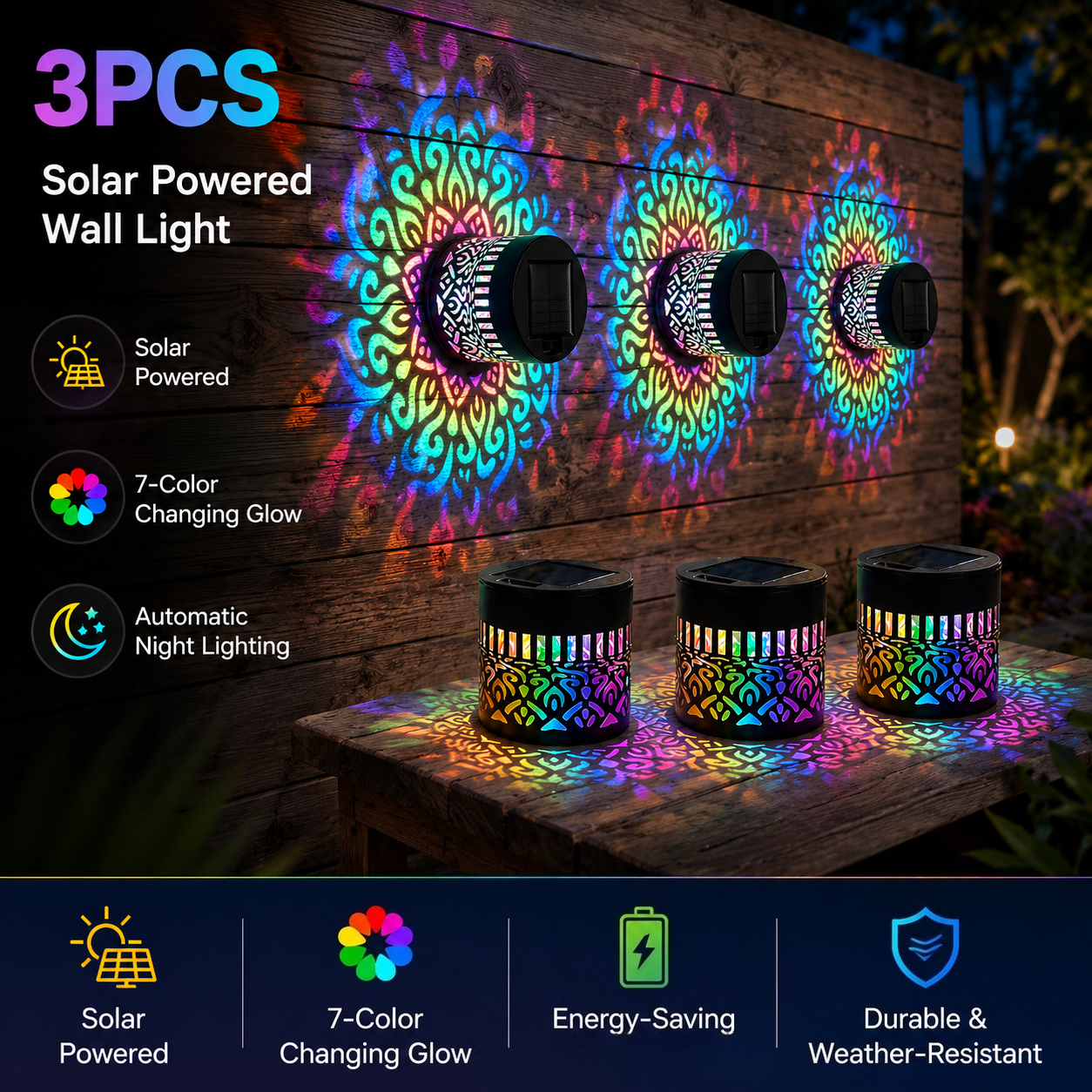 TEMU 3pcs Solar Rgb Mandala Deck Lights, Outdoor Garden Fence Step Post Wall Lights For Patio, Yard, Backyard, Pathway & Landscape Decor