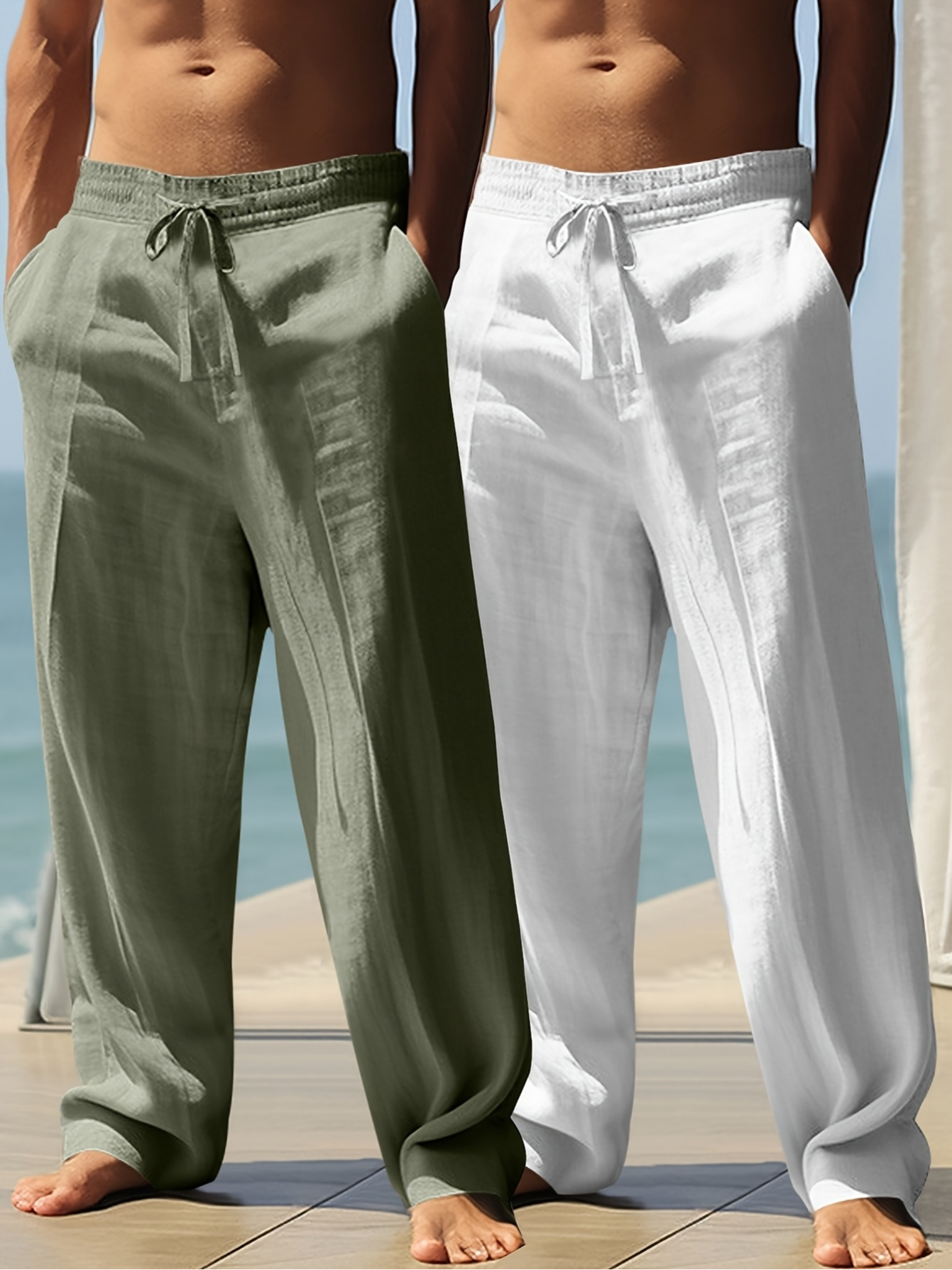 2pcs mens casual straight leg pants lightweight breathable fabric textured grip elastic waistband with drawstring side pockets suitable for summer and casual wear white and beige comfortable clothing easy solid color opaque coverage