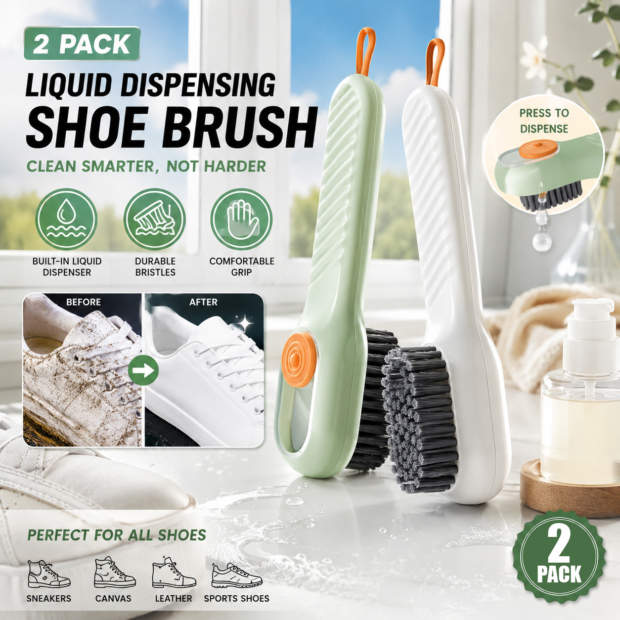TEMU 2 Pack Shoe Brush With Integrated Liquid Dispenser, Ergonomic And Soft Bristles, Reusable Cleaning Scrubber For All Common Shoe Types, Household