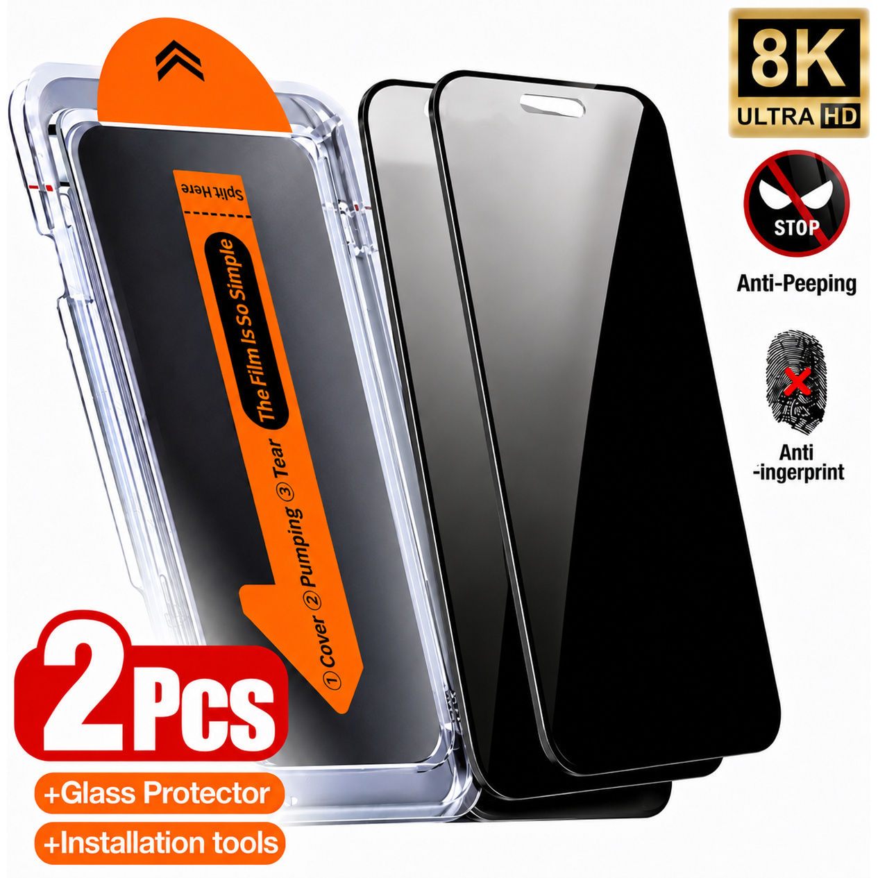 2pcs privacy tempered glass screen protectors with installation kit auto   kit compatible with for iphone 17 pro max 17 air 17e 16 pro max 16  pro max 14 plus 13 pro max 12 pro 11 pro max xs max and more 9h hardness tempered glass