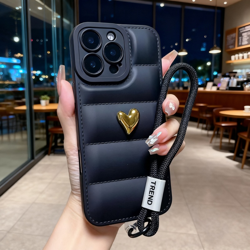 TEMU Phone Case: Electroplated Heart Down Jacket Lanyard Phone Case For Iphone 17 Air, 17 Pro Max, 16 Plus, 15, 14, 13, 12, 11, Xr, Xs Max, 8, 7 Plus