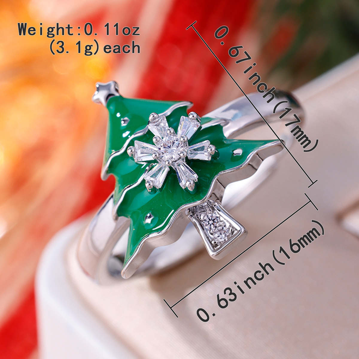 Christmas Tree Open Ring with Snowflake Zirconia, Festive Jewelry
