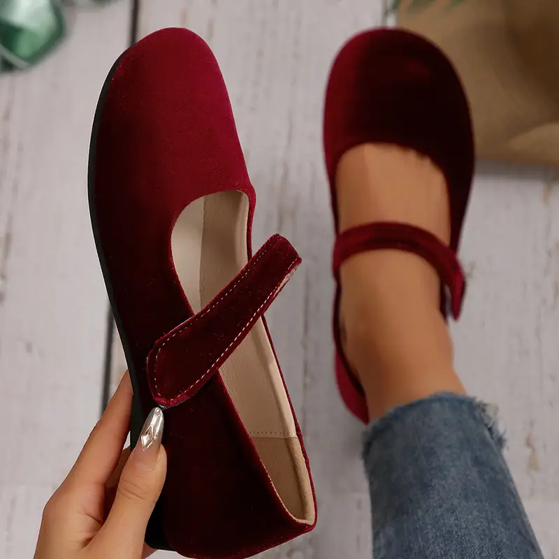 chic burgundy flats for women comfortable lightweight with hook and loop fastener closure work parties details 5