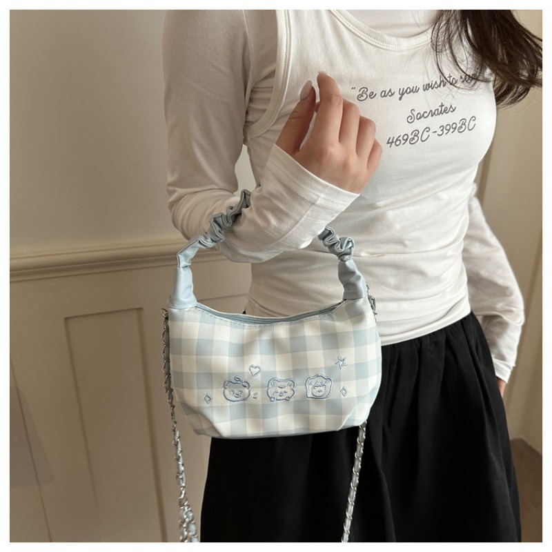 Plaid Ruched Handle Hobo Bag With Pearl Bow And Chain Shoulder Bag_voghion.com