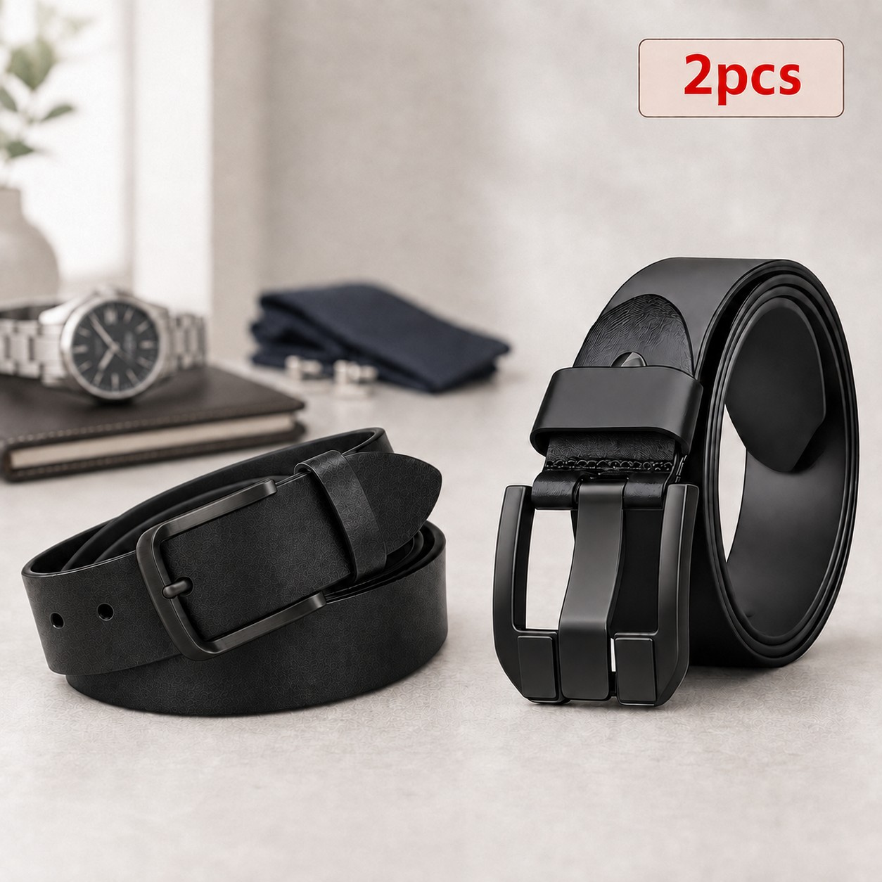 2pcs Men's Genuine Leather Belt Set, Classic Pin Belts, Adjustable Black/brown Waist Belts For Jeans, Dress, Business& Casual Wear, Gift For Men