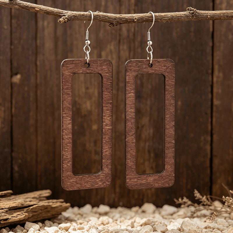 Women's Ethnic Style Wooden Rectangular Earrings, Gift