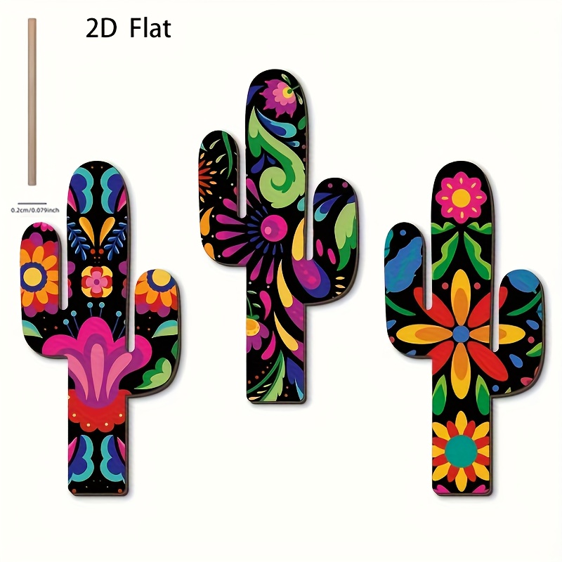 TEMU Ensemble de 3 ornements plats 2D en bois pour porte et fenêtre / floraux colorés et créatifs de style cactus à suspendre, adaptés , à , à la