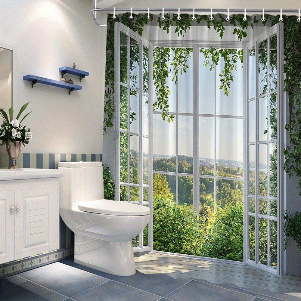 TEMU 1pc Bathroom Shower Curtain With | Polyester Fabric, 177.8x177.8 Cm, Includes 12 Hooks, Machine Washable, Natural Ambiance Design For A Calming