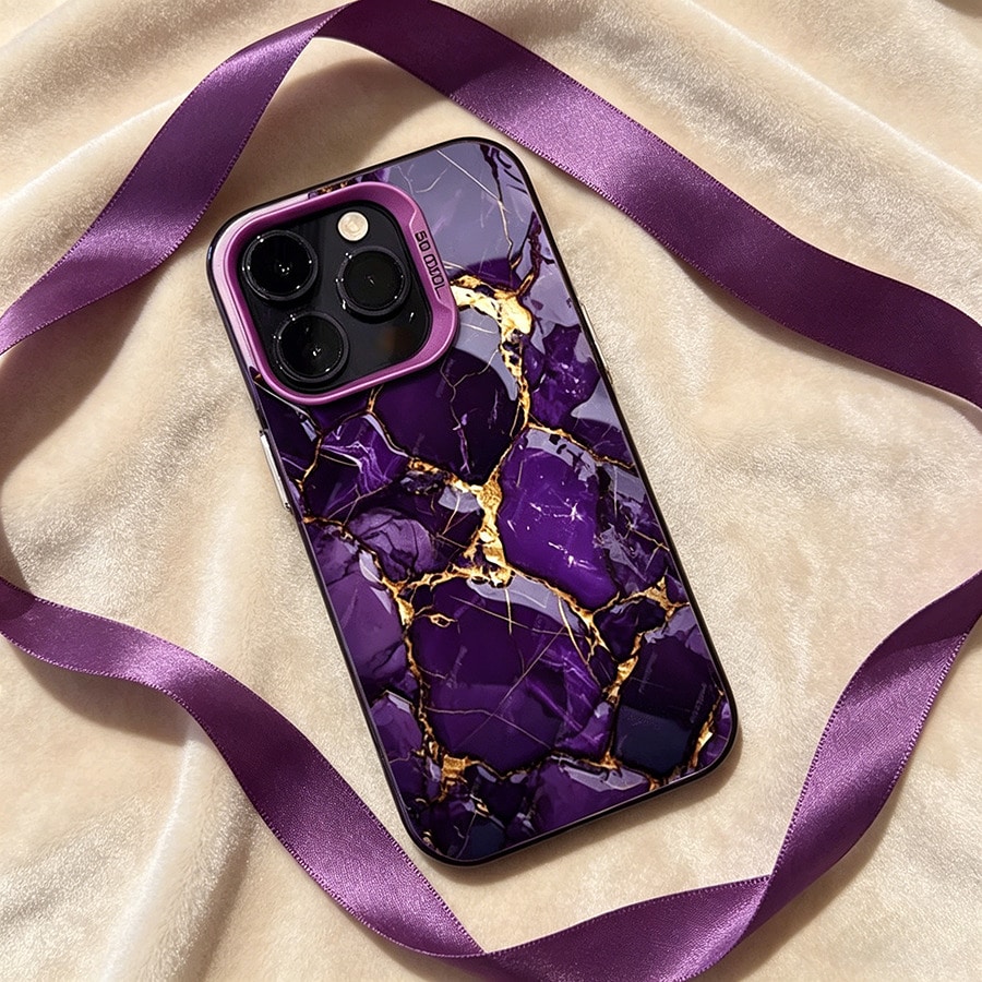 Image of Phone Case: For Iphone 17/16/15/14/13/12/11/plus/pro/pro Max/17 Ai Case With Purple Stone With Golden Veins | Full-coverage Drop Protection, Hard Shell With Soft Edges | Fundas Para