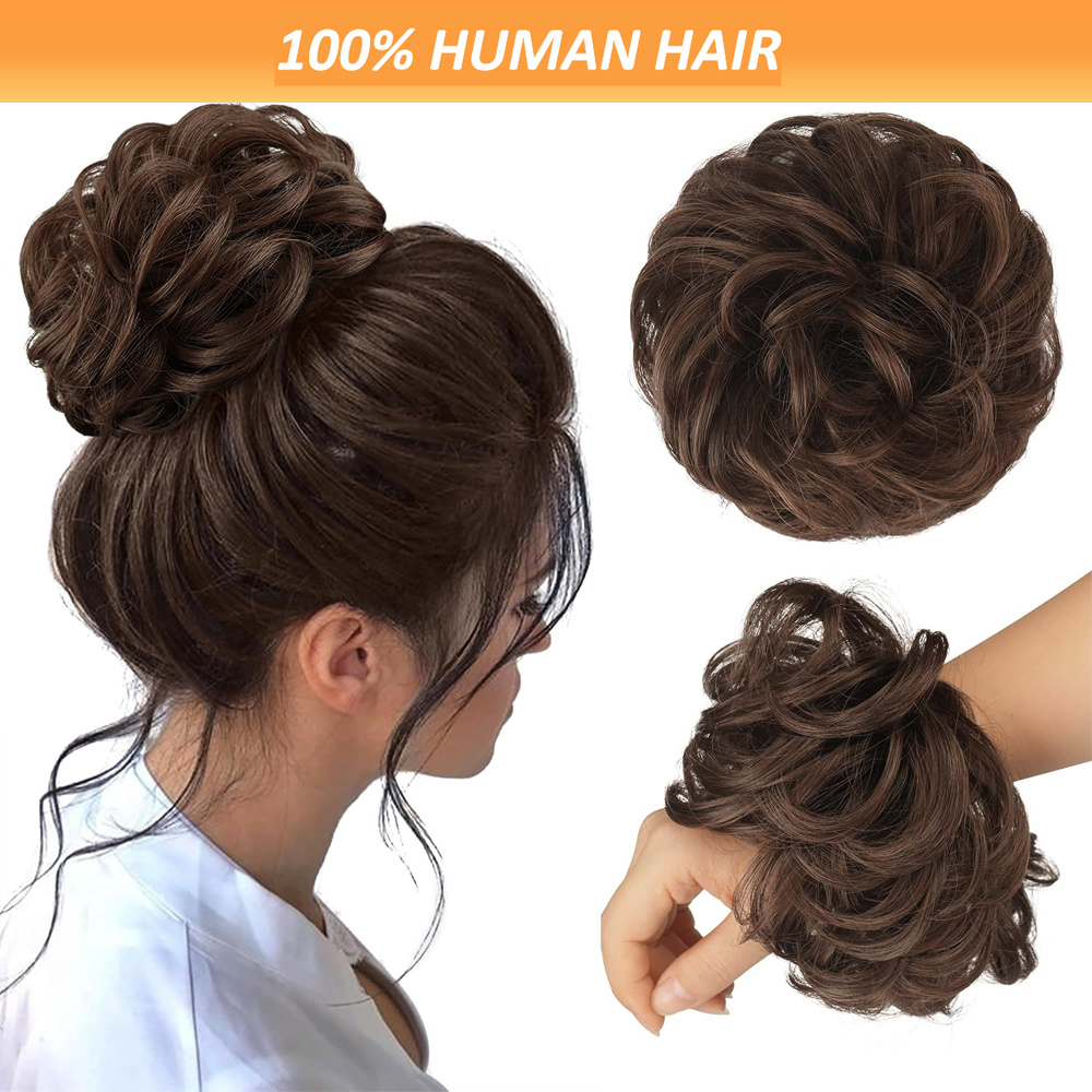 

2pcs Luxurious Human Hair Messy Bun Ponytail Extensions, Curly Hairpieces, Updo Scrunchies For Women, Hair Accessories