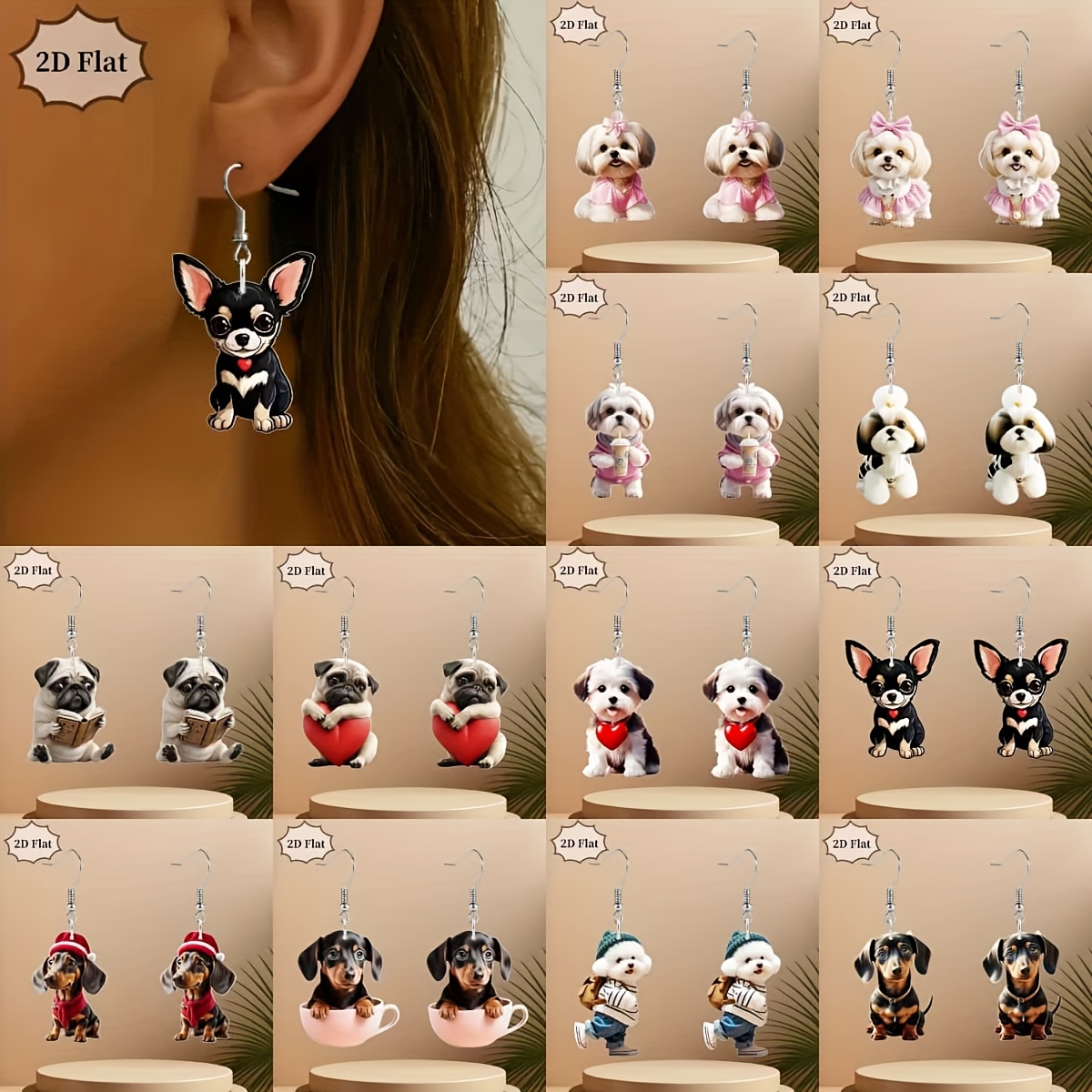 TEMU 2d Flat, Cute Dog Earring Set: Features Various Adorable Dog Breed Elements. Ideal For Daily Wear And Pet-themed Events. Perfect Gift For Dog