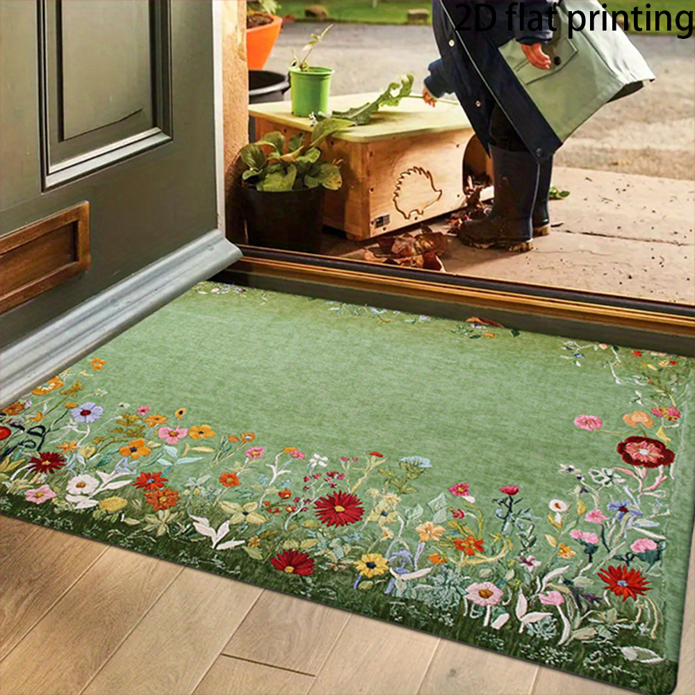 TEMU 【商品名】2Dグリーン背景の花柄ドアマット、精巧なパターン、実用的で美しい、滑り止め、洗濯機洗い可能、お手入れ簡単、ポリエステルカーペット、家庭や屋外の装飾に最適、玄関、寝室、バルコニー、ホリデーギフト、追加品に最適