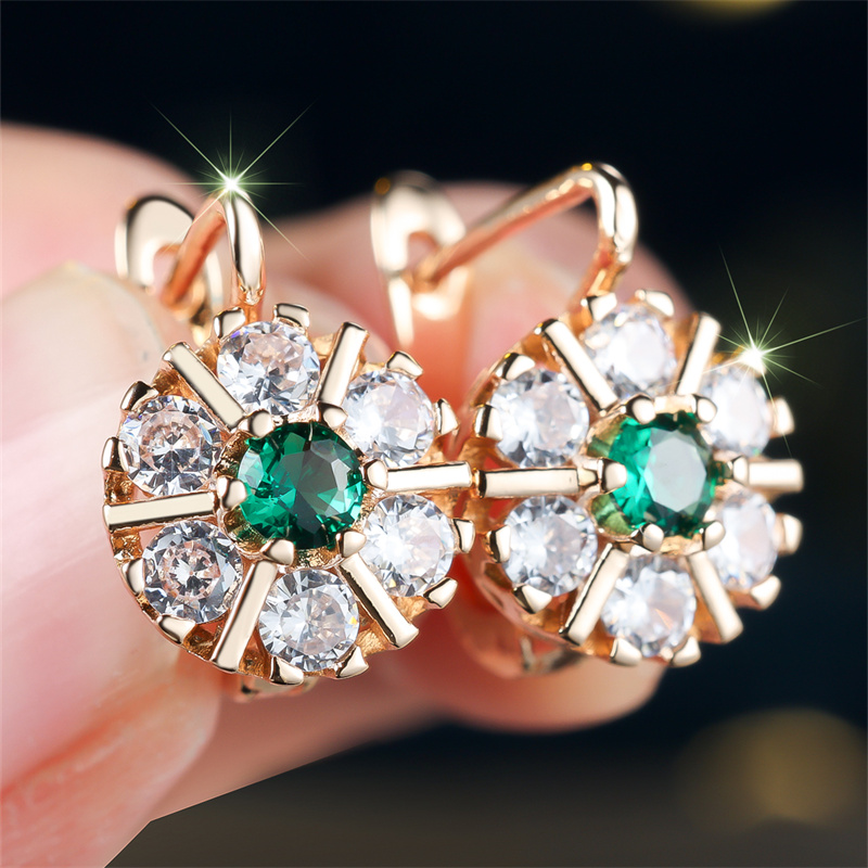 TEMU Pendientes colgantes de moda de color dorado con y verde, circonita cúbica sintética, pendientes de flor, regalo de San Valentín