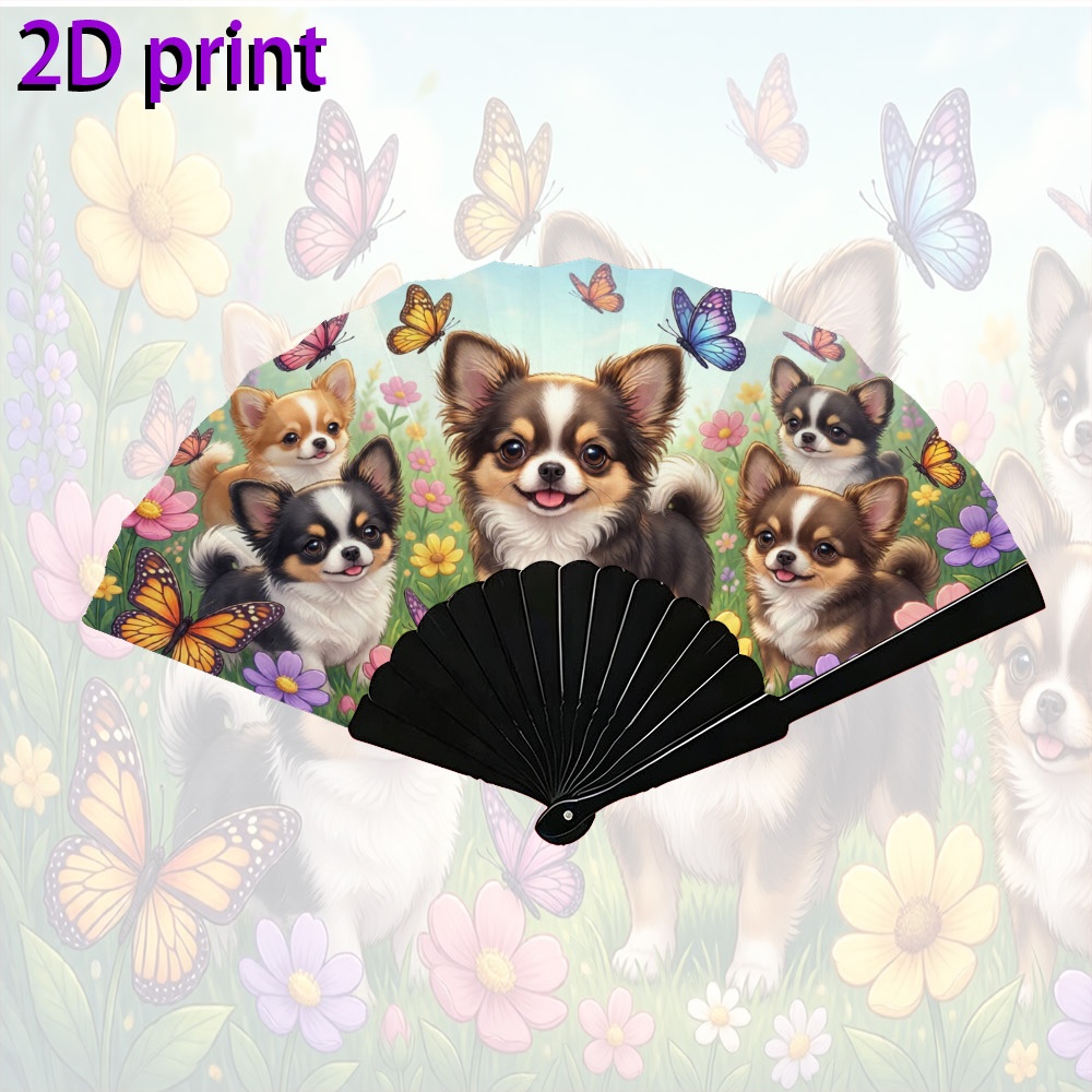 TEMU Single-piece, Men's And Women's Handheld Folding Fan With Cute Chihuahua, Floral, And Illustrations, Suitable For Dance, Photo Shoots, Parties,