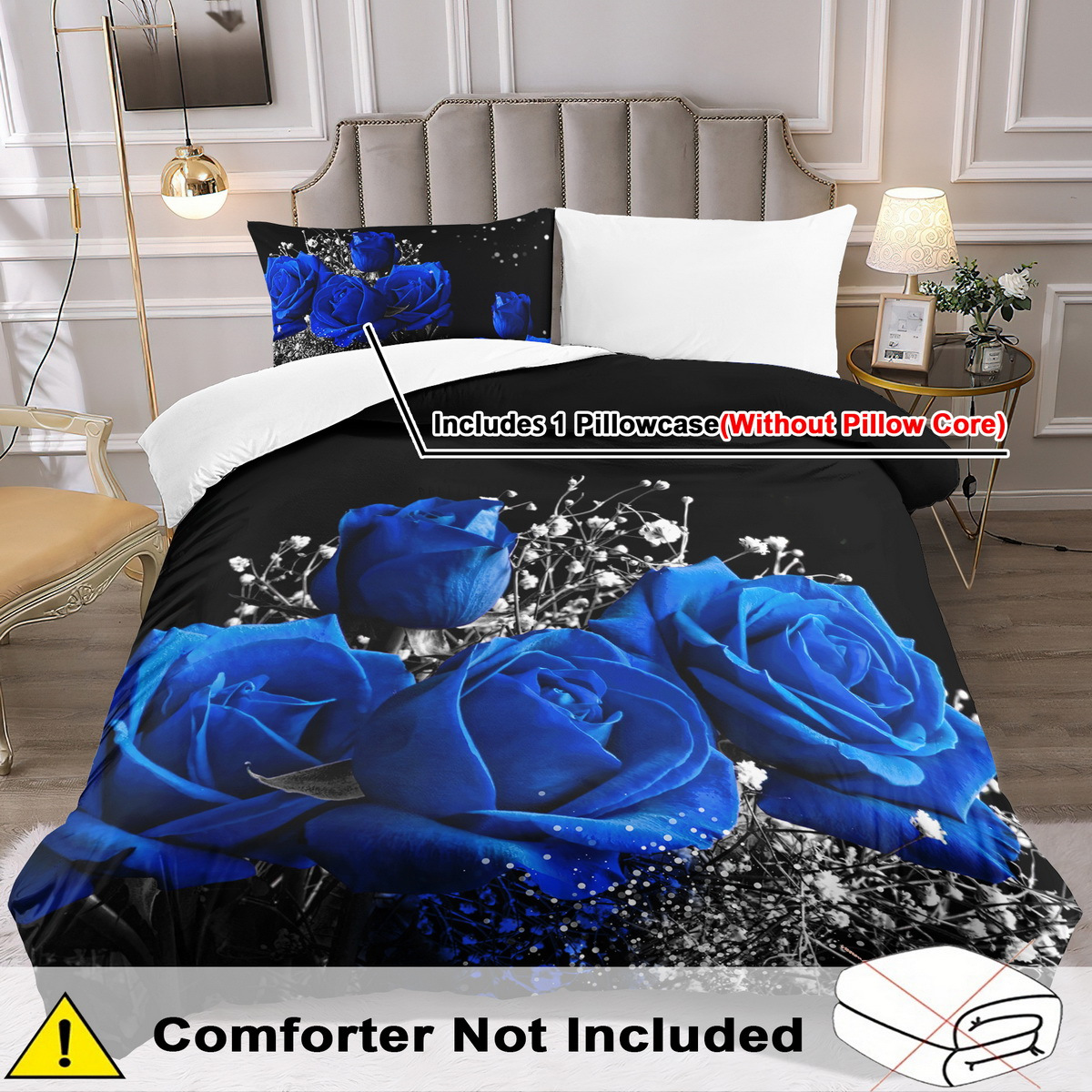 TEMU Blue Rose Floral Down Comforter Cover Set - 2/3pcs, Soft Comfortable Breathable, Floral Printed Bedding, Botanical Pattern Duvet Cover Set, 100%