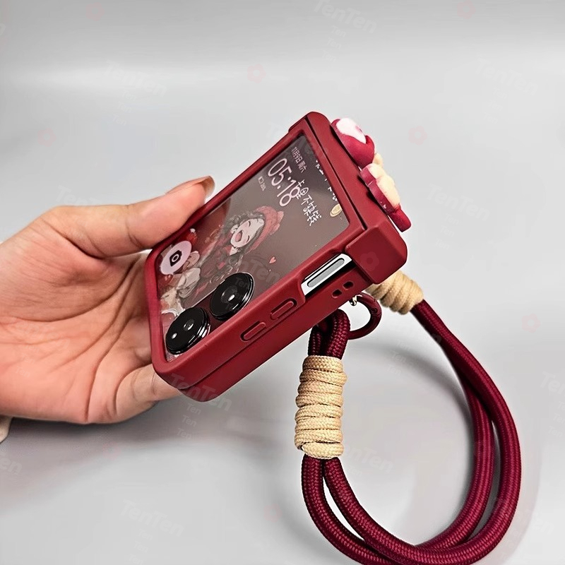 phone case hinged middle axis stereo girl bow burgundy lanyard phone case for z flip 7 z flip 7fe z flip 6 z flip 5 z flip 4 z flip 3