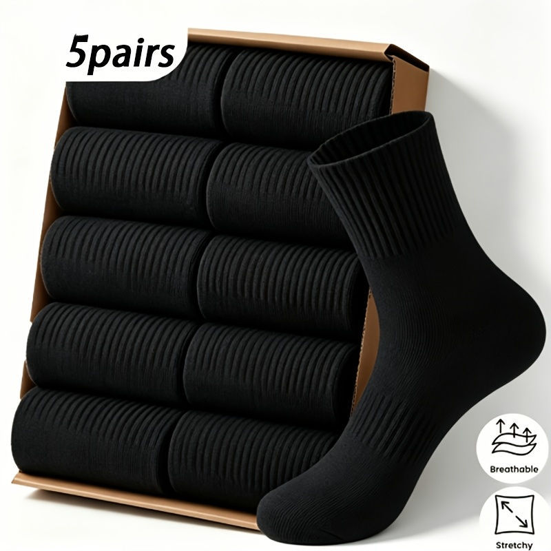TEMU 5pairs Double Premium Men's Sports Socks Men's Mid-calf Socks Spring Summer Autumn Winter Comfortable Sports Black And White Simple Casual Men's