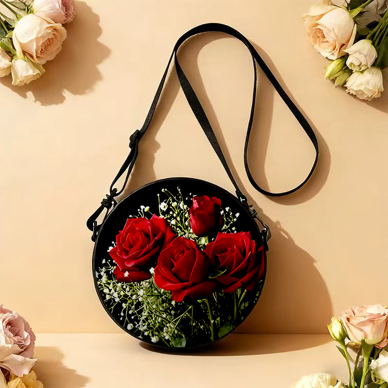 TEMU 1pc Women' Shoulder Bag With Red Rose , 2d Print, Adjustable Shoulder Strap, Zipper Closure, Backpack Style | Casual Fashion Crossbody Bag |