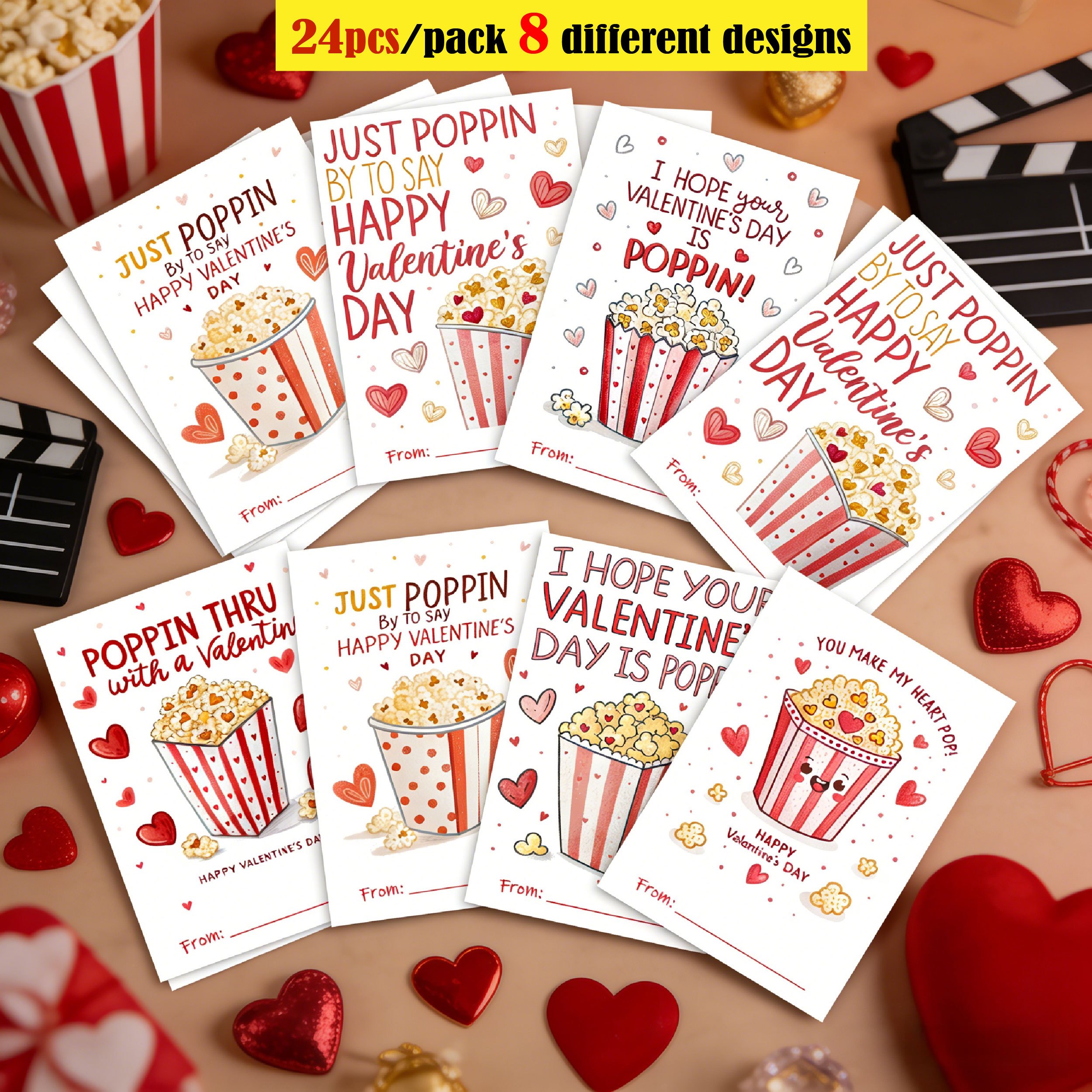 TEMU 24pcs Popcorn Theme Valentine's Day Greeting Card Set - '' Pun Funny Assorted Cards Valentine Gifts For And