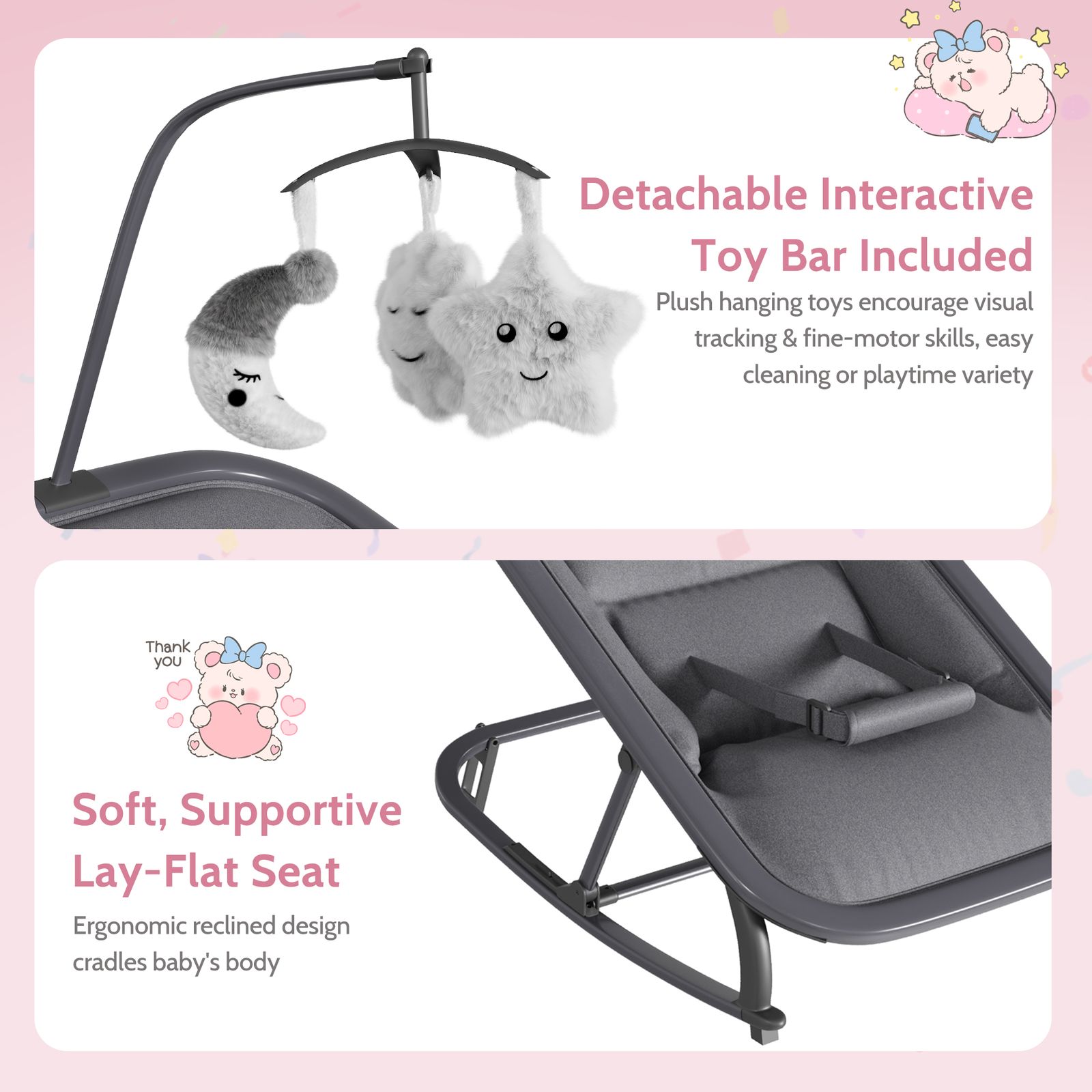 2-in-1 Collapsible Bouncer and Rocker Seat - Lightweight, Quiet, 3-Position Adjustable Cradle -No Assembly Needed, Portable Nursery Chair, Ideal for Showers