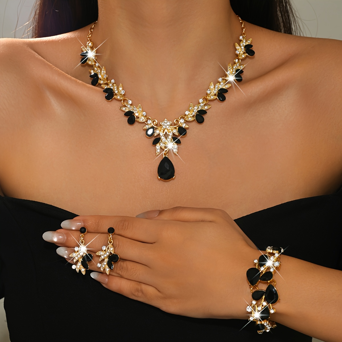 TEMU Parure de bijoux 3 pièces de bleue de qualité supérieure pour femme : Collier avec pendentif de + Bracelet + Boucles d'oreilles, Accessoires de