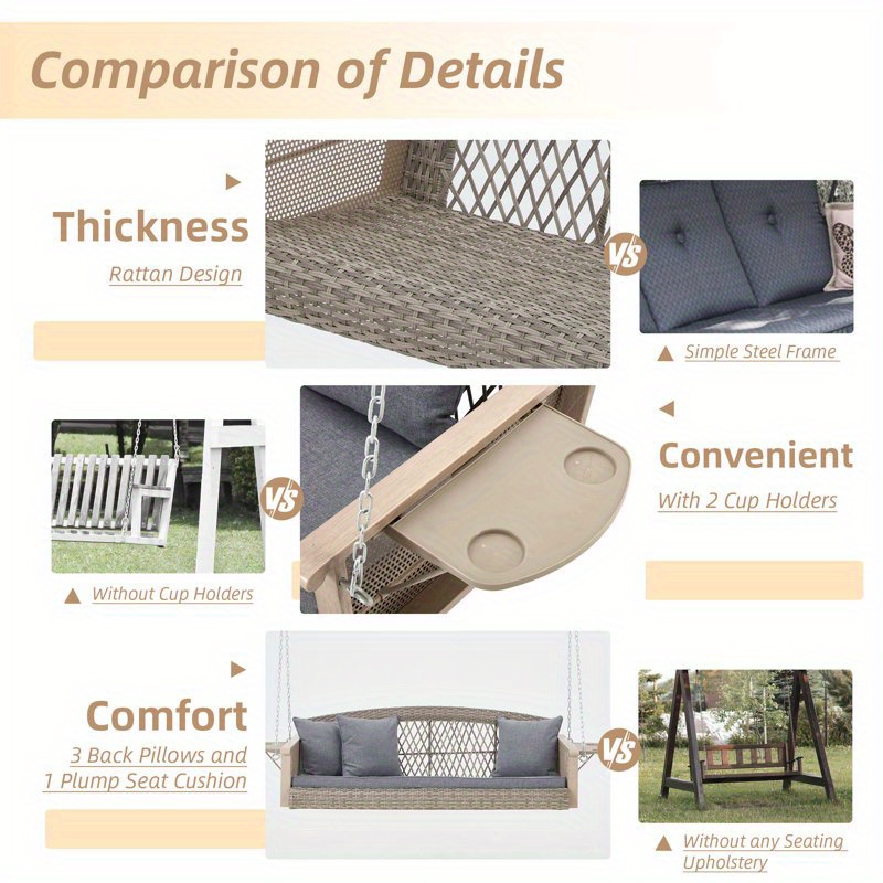 Gray 3-Person Wicker Porch Swing Featuring a 1.5-Foot Cup Holder, a 55-Inch Patio Hanging Swing Bench Complete with Cushions, And a Weight Capacity of 800 Pounds