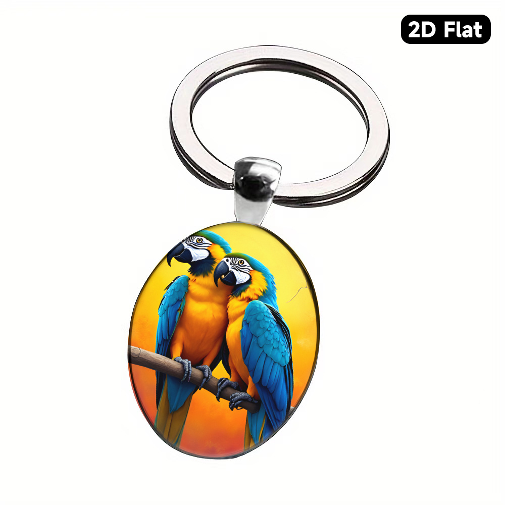 TEMU 1pc Cute Alloy Key Keychain, **vibrant Fantasy Realistic Detail Macaws & Abstract Sunset Design Perfect For Bag Backpack Decorations Car Key