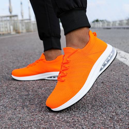 sneakers autumn mens athletic shoes knit upper breathable orange shoes soft sole shock absorbing outdoor sports casual running shoes