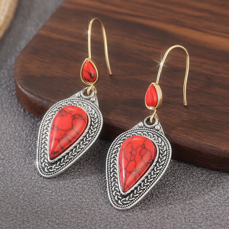 Women's Bohemian Red Synthetic Turquoise Droplet Pendant Earrings
