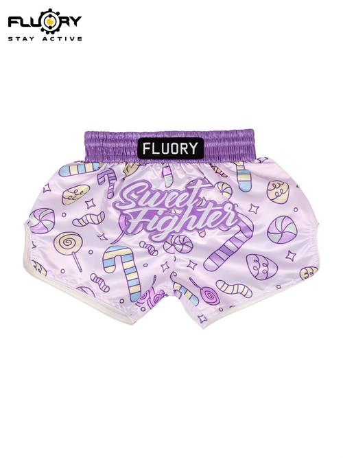 Candy Pattern Muay Thai Shorts, in Pink, Blue, and Purple, Sizes 110-150, Elastic Waist, Suitable for Casual Daily Wear, Vacations, Sports, Fighting, Judo, Karate, Boxing Shorts, Embroidered Boxing Sh