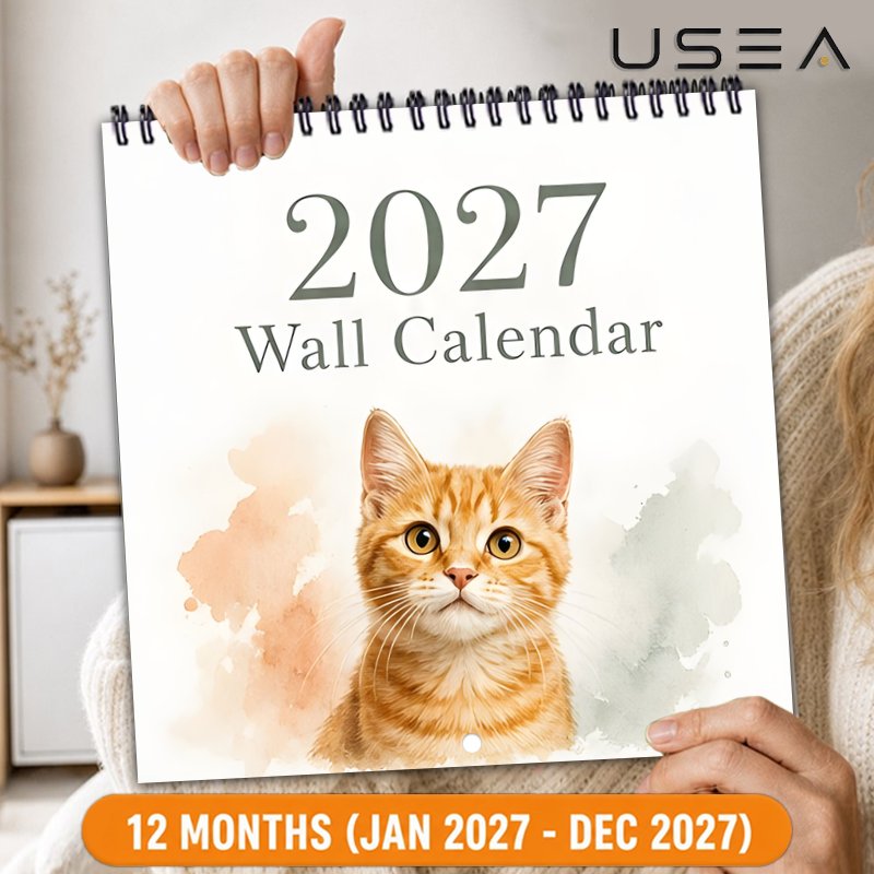TEMU Wall Calendars 2027 Wall Calendar, 12-month Monthly Planner With Watercolor Orange Design, Twin Wire Spiral Hanging Calendar, Large Blocks, Us