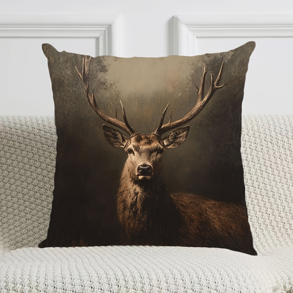 TEMU 1pc Modern Reindeer Oil Painting Style Cushion Cover, Made Of Soft And Comfortable Polyester Short Plush Fabric, Single-sided Print, 17.7*17.7